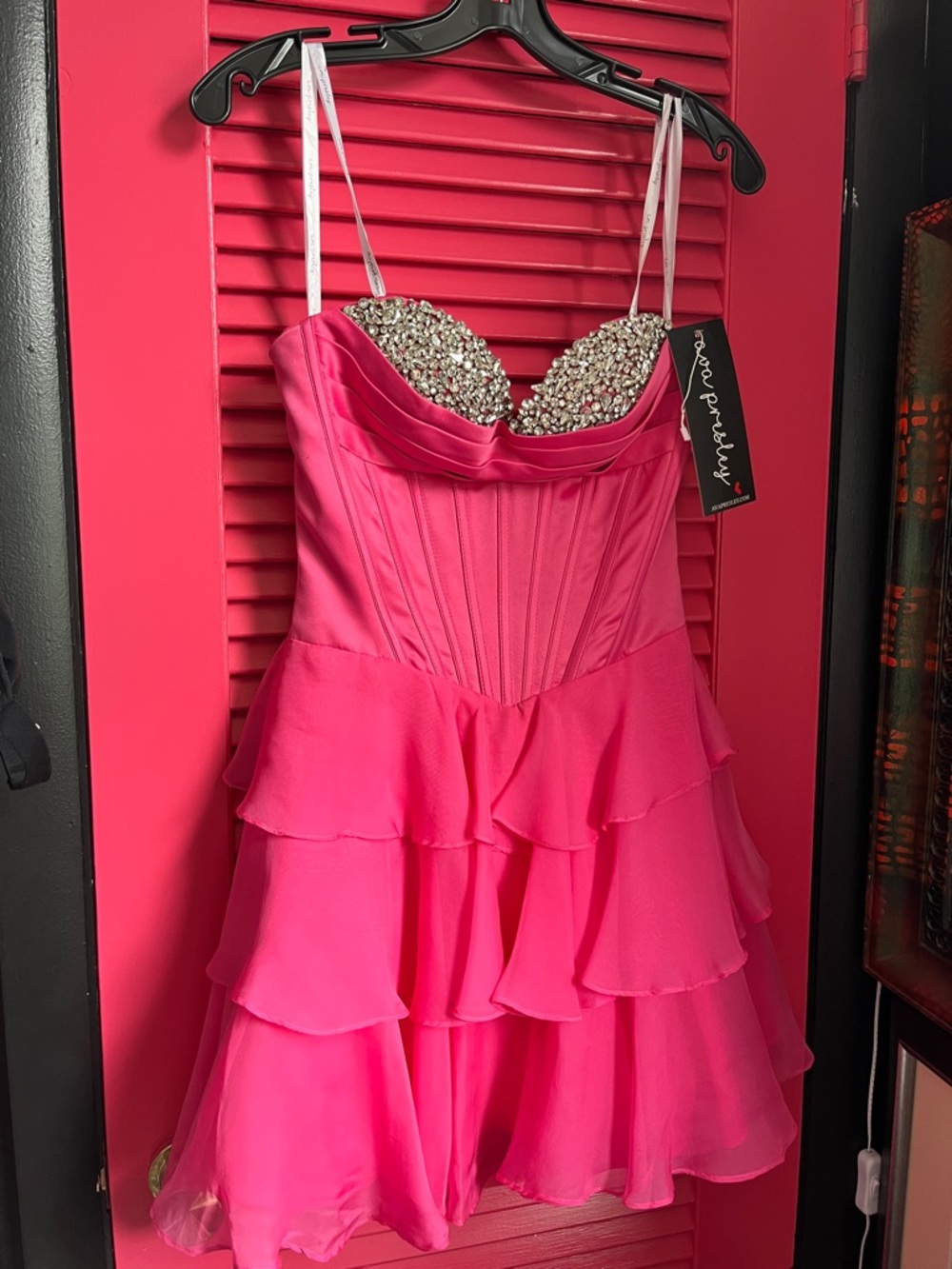 Beaded Bust Hot Pink Tiered Ruffle Prom Dress